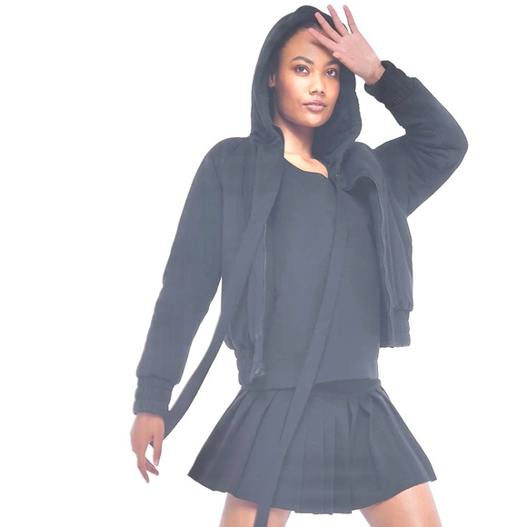 $365 Norma Kamali Hooded Zip Bomber Jacket Dark Heather Gray Pockets XXS OR XS - Picture 4 of 16